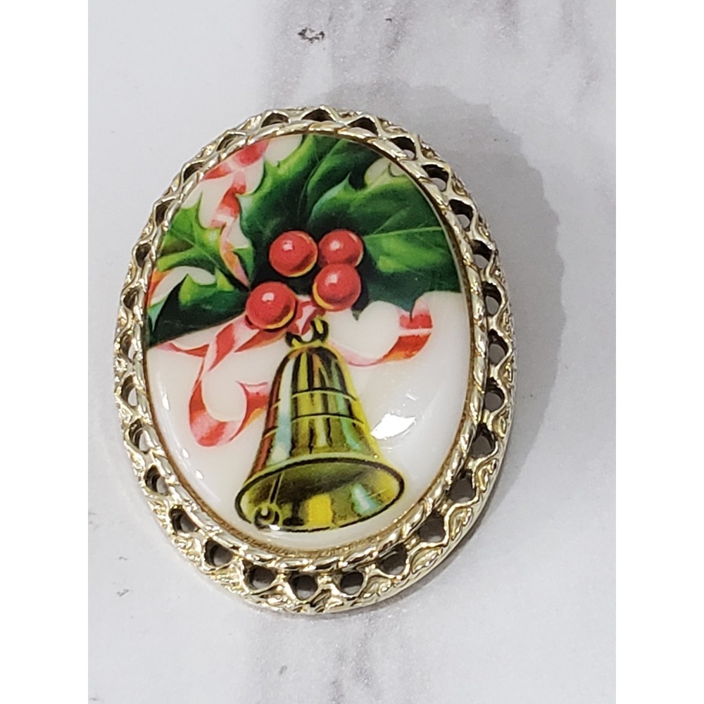 Vintage Christmas Holiday Holly and Bell Cameo Pin Brooch MCM